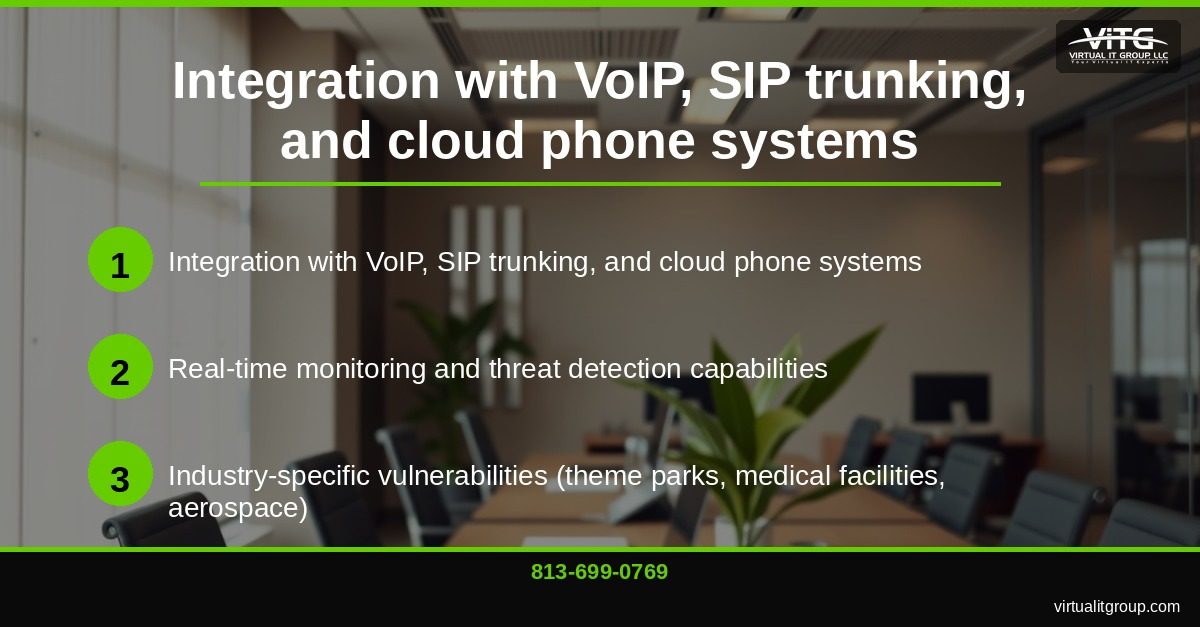 Unified threat management dashboard showing voice network security monitoring for Central Florida business